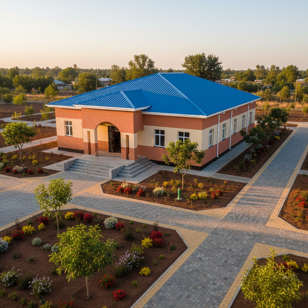 A freshly painted village community center with smooth, warm-toned plaster walls in earthy terracotta and cream, sturdy concrete steps, and a bright blue metal roof, standing at the heart of a clean rural square. Around it, neatly swept compacted soil paths intersect with newly laid interlocking paver walkways, bordered by young native trees and flowering shrubs. Late afternoon sunlight casts long, gentle shadows and highlights crisp architectural lines. Photographic realism at eye level, wide-angle composition with sharp focus across the frame, creating a professional, optimistic atmosphere that conveys organized, sustainable village development and progress without any people present.