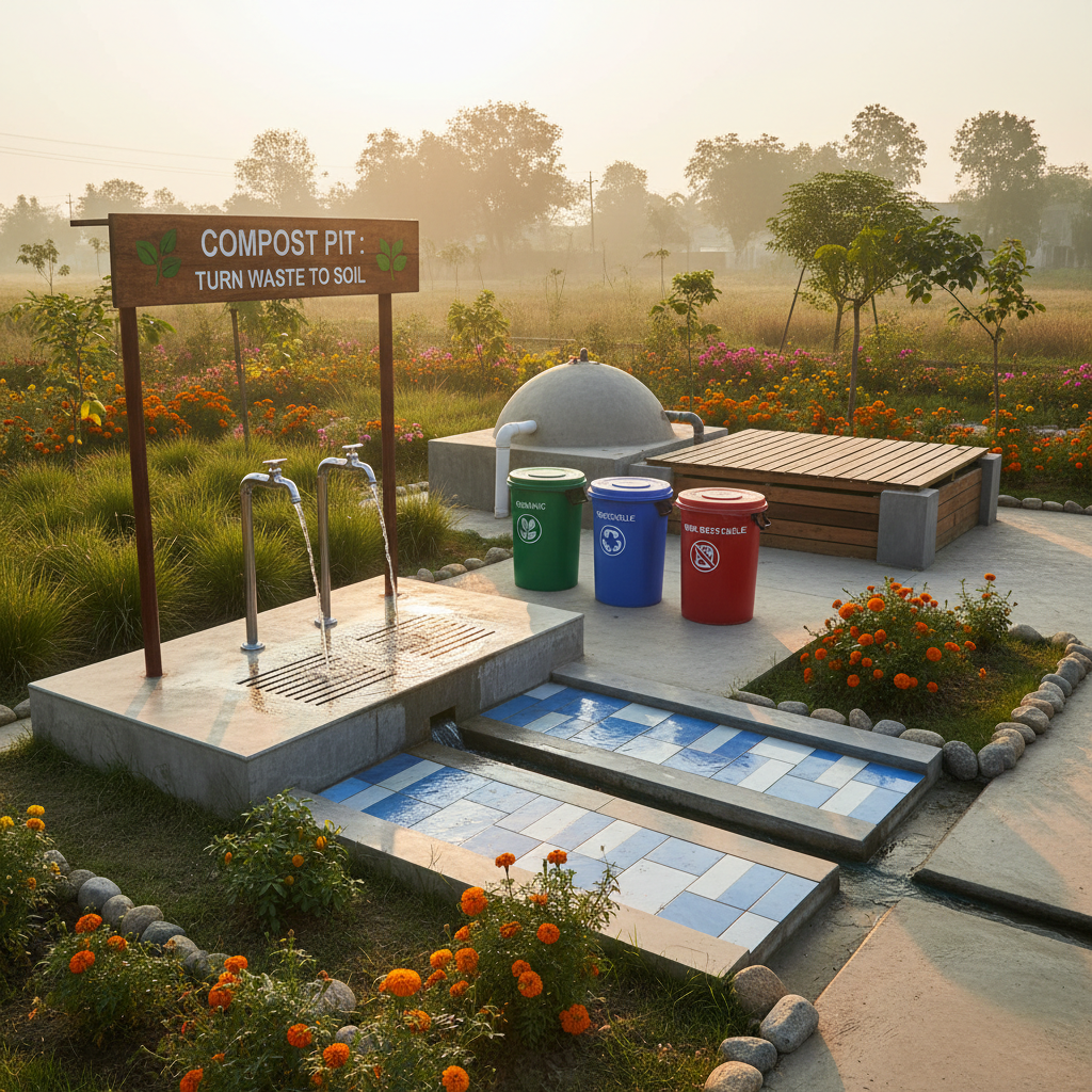 A carefully maintained village water and sanitation hub, featuring a raised concrete platform with a stainless-steel community tap stand, tiled washing area with gentle slope for drainage, and clearly labeled color-coded waste bins for organic, recyclable, and non-recyclable materials. Nearby, a compact biogas unit and a covered compost pit with informative signage stand beside manicured patches of native grass and flowering plants. Warm, early morning light casts soft, elongated shadows, giving the scene a hopeful, hygienic feel. Photographic realism at eye level, with balanced composition and high clarity, emphasizes clean lines, visible water flow, and functional details, reflecting modern, sustainable infrastructure in an Indian village context, entirely devoid of people.
