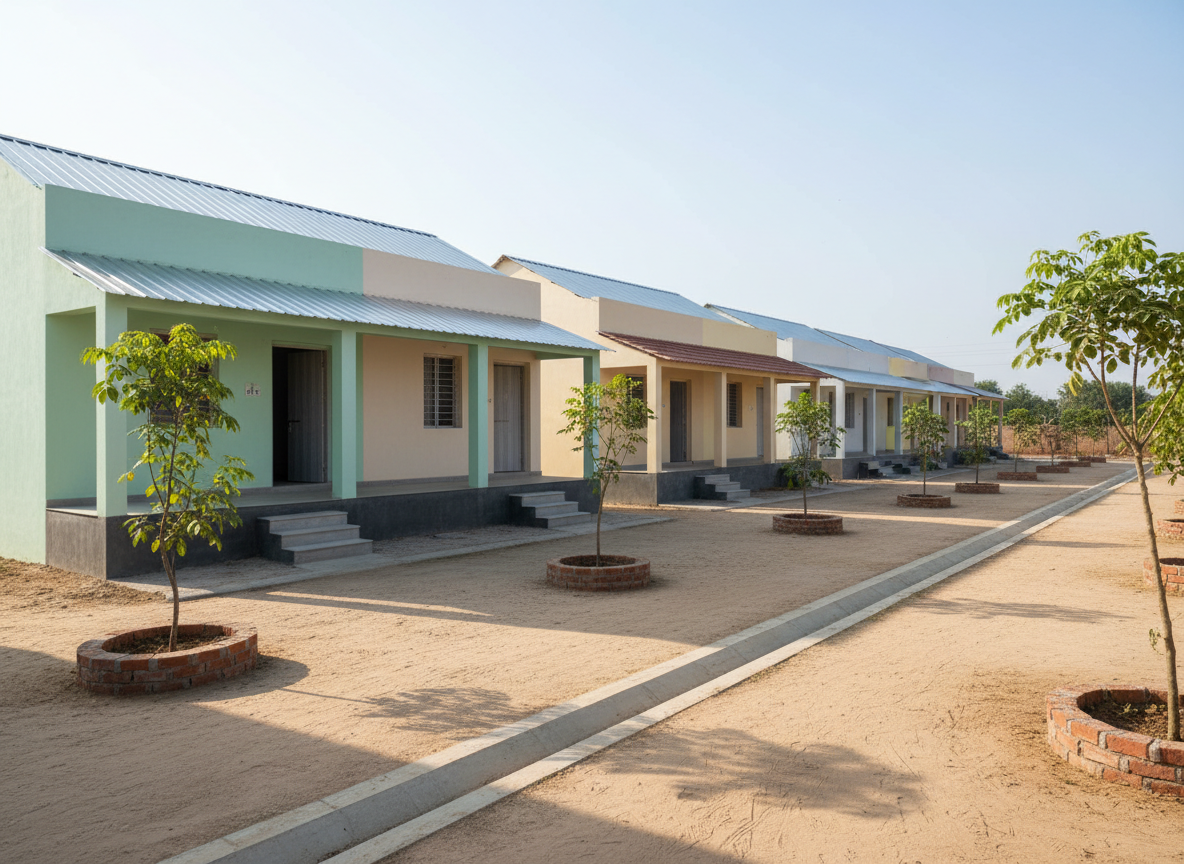 A row of sturdy, freshly constructed low-cost rural homes in India, each with smooth plastered walls painted in soft pastel hues of mint, beige, and pale yellow, topped with clean, corrugated metal or tiled roofs. Simple concrete verandas with well-defined steps face a wide, dust-free lane lined with young saplings protected by circular brick guards. The ground is neatly compacted, with a central rainwater drainage channel running straight down the lane. Bright, clear morning sunlight provides crisp, natural lighting, creating clear shadows and a vibrant, uplifting mood. Photographic realism, eye-level perspective, and deep depth of field showcase the continuity of the houses and infrastructure, symbolizing dignity and stability in village development, with no human figures present.
