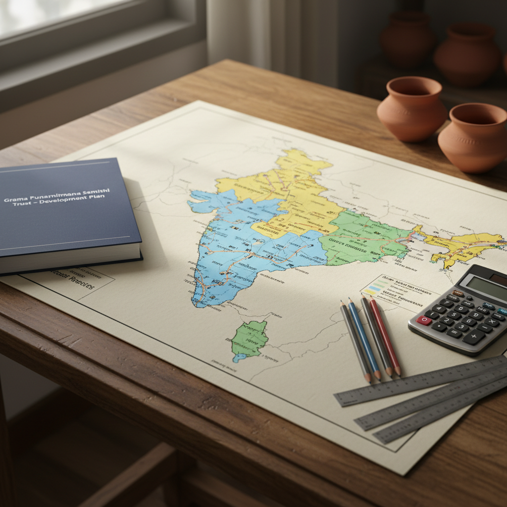 A meticulously organized village planning table laid out on a rough-hewn wooden desk, featuring a large, detailed map of an Indian village with colored zones for housing, sanitation, water, and green spaces, printed on slightly textured matte paper. Next to it, there are sharpened pencils, metal rulers, a solar-powered calculator, and a bound project report with the title “Grama Punarnirmana Samithi Trust – Development Plan.” Soft overhead daylight from a nearby window creates gentle, natural highlights and subtle shadows. Captured from a slightly elevated angle in photographic realism with shallow depth of field, the mood is focused, professional, and hopeful, emphasizing thoughtful, data-informed village improvement with no people visible.