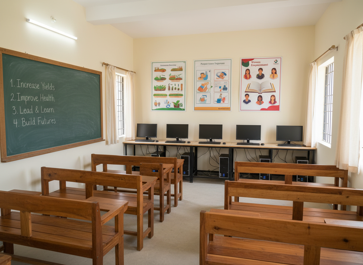 A modern rural skill-development classroom inside a modest village building, featuring sturdy wooden benches, a row of refurbished desktop computers on a simple laminate table, and educational posters about agriculture, sanitation, and women’s empowerment covering freshly painted light-cream walls. A large chalkboard at the front displays neatly written development goals in white chalk. Soft, diffused daylight streams in from barred windows with simple cotton curtains, creating an even, welcoming illumination. Shot in photographic realism from a corner at a slightly elevated angle, the composition maintains sharp focus throughout, highlighting organized resources and a clean, professional environment. The atmosphere is aspirational and empowering, showcasing infrastructure for training and education, with absolutely no people present.