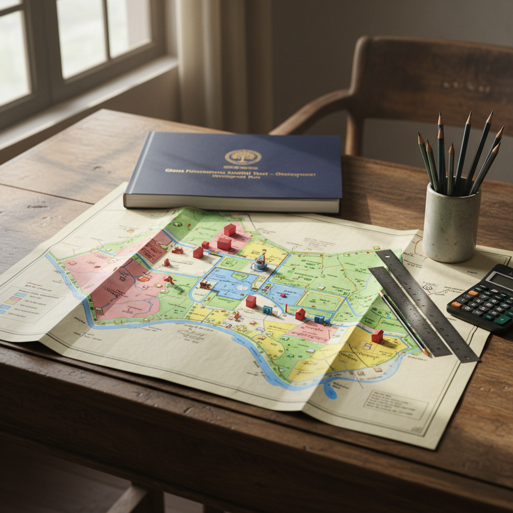 A meticulously organized village planning table laid out on a rough-hewn wooden desk, featuring a large, detailed map of an Indian village with colored zones for housing, sanitation, water, and green spaces, printed on slightly textured matte paper. Next to it, there are sharpened pencils, metal rulers, a solar-powered calculator, and a bound project report with the title “Grama Punarnirmana Samithi Trust – Development Plan.” Soft overhead daylight from a nearby window creates gentle, natural highlights and subtle shadows. Captured from a slightly elevated angle in photographic realism with shallow depth of field, the mood is focused, professional, and hopeful, emphasizing thoughtful, data-informed village improvement with no people visible.